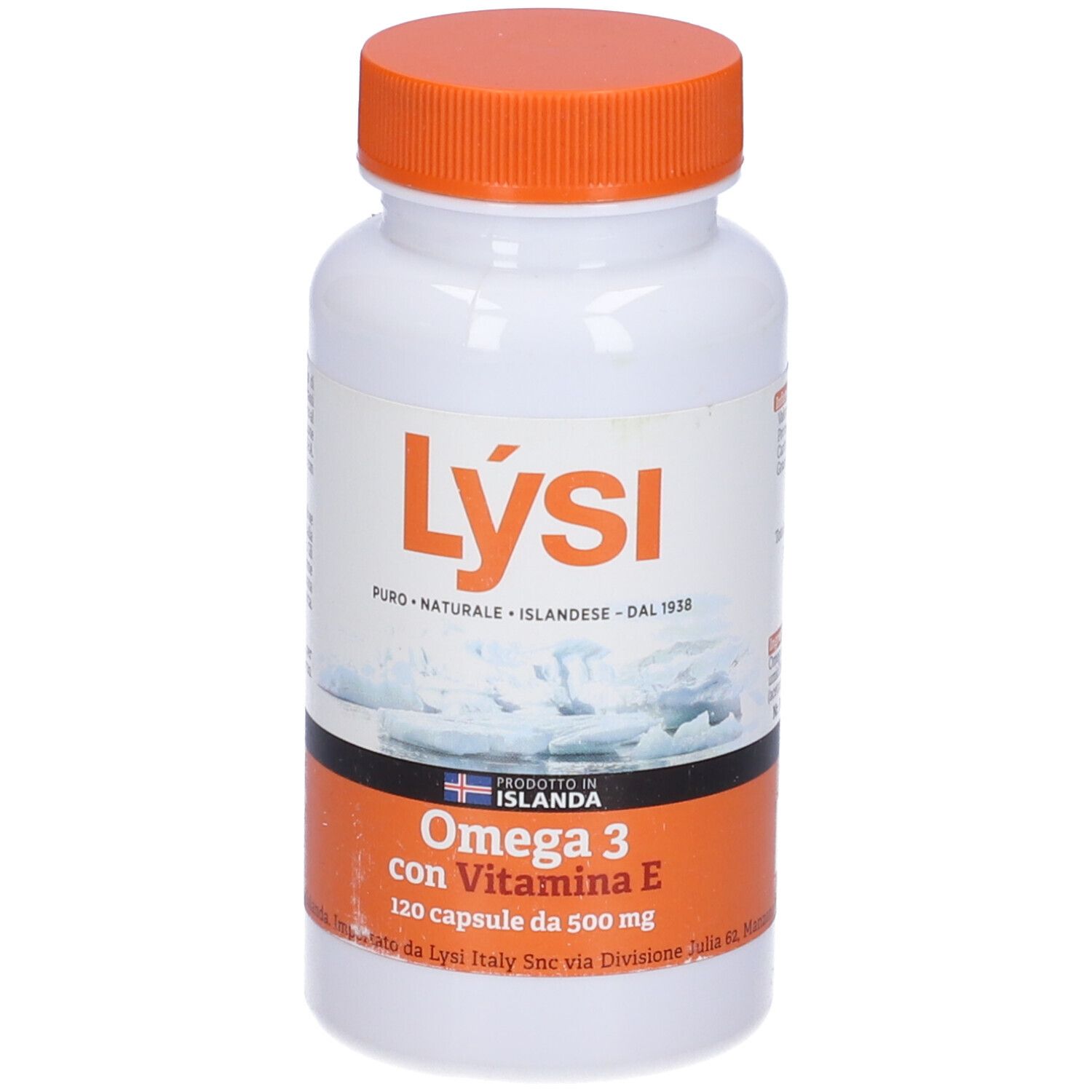 Weiße Flasche mit orangefarbenem Deckel. Aufschrift: Lysi, Omega 3 con Vitamina E, 120 Kapseln.