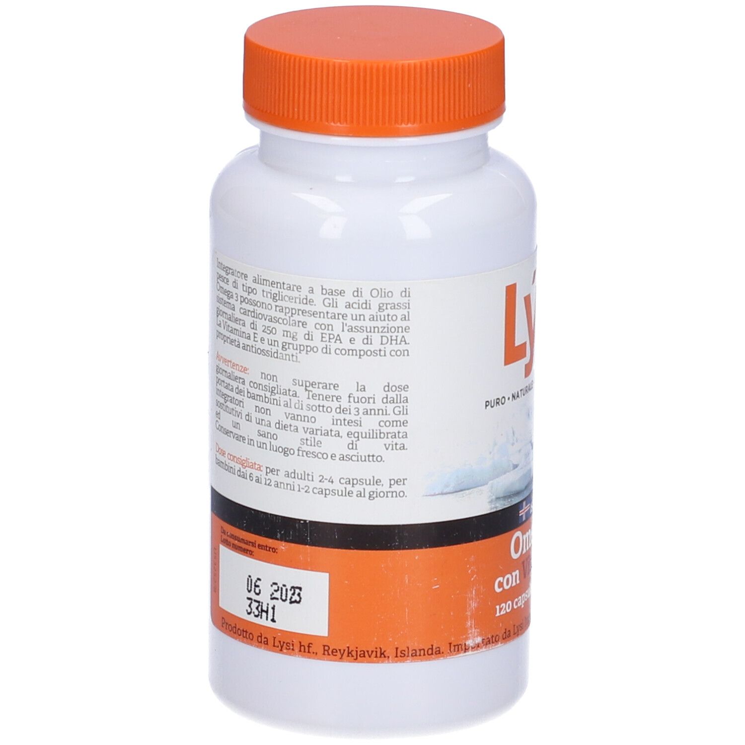 Rückseite der weißen Flasche mit orangefarbenem Deckel. Text und Datum 06 2023.