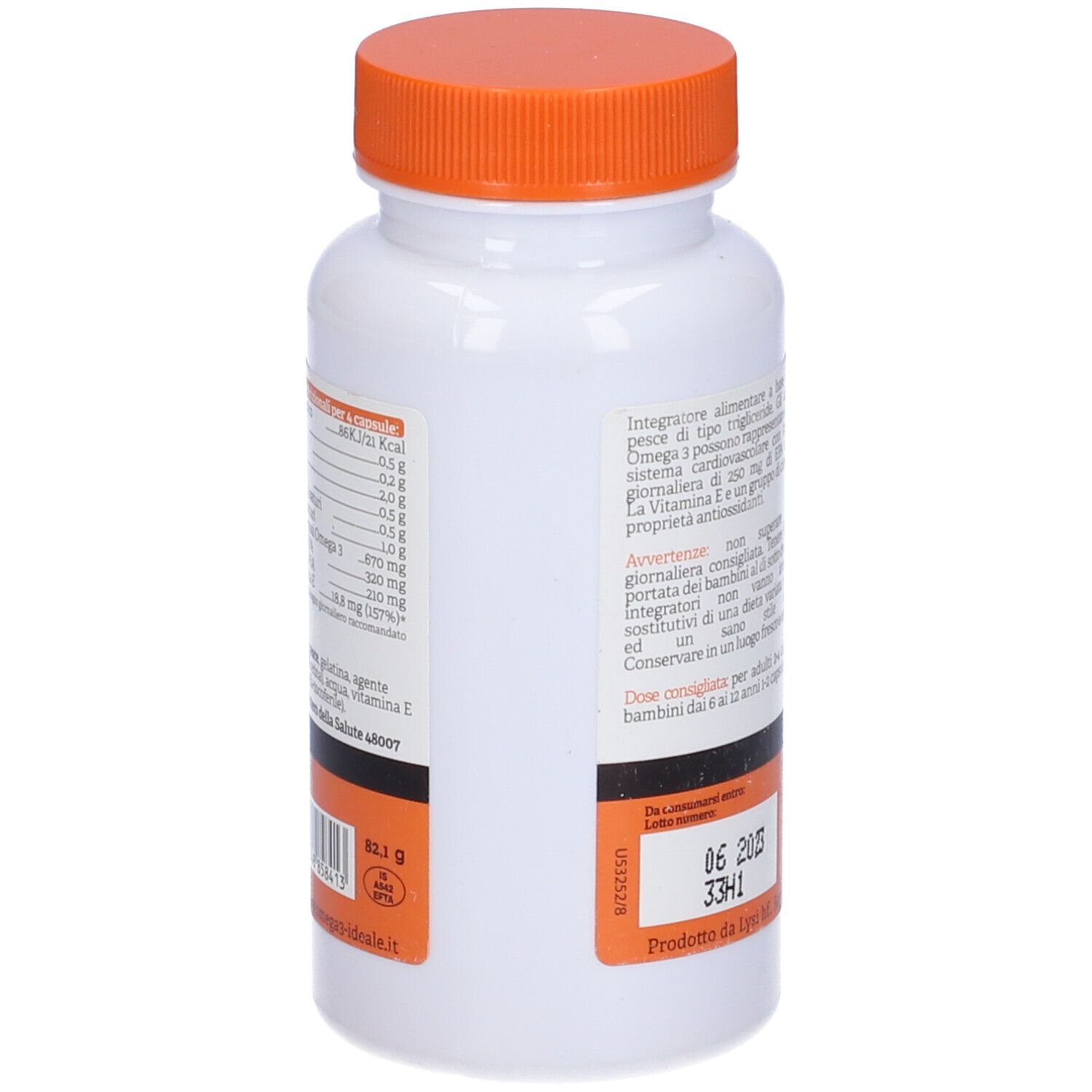 Rückseite der weißen Flasche mit orangefarbenem Deckel. Text und Nährwertangaben.