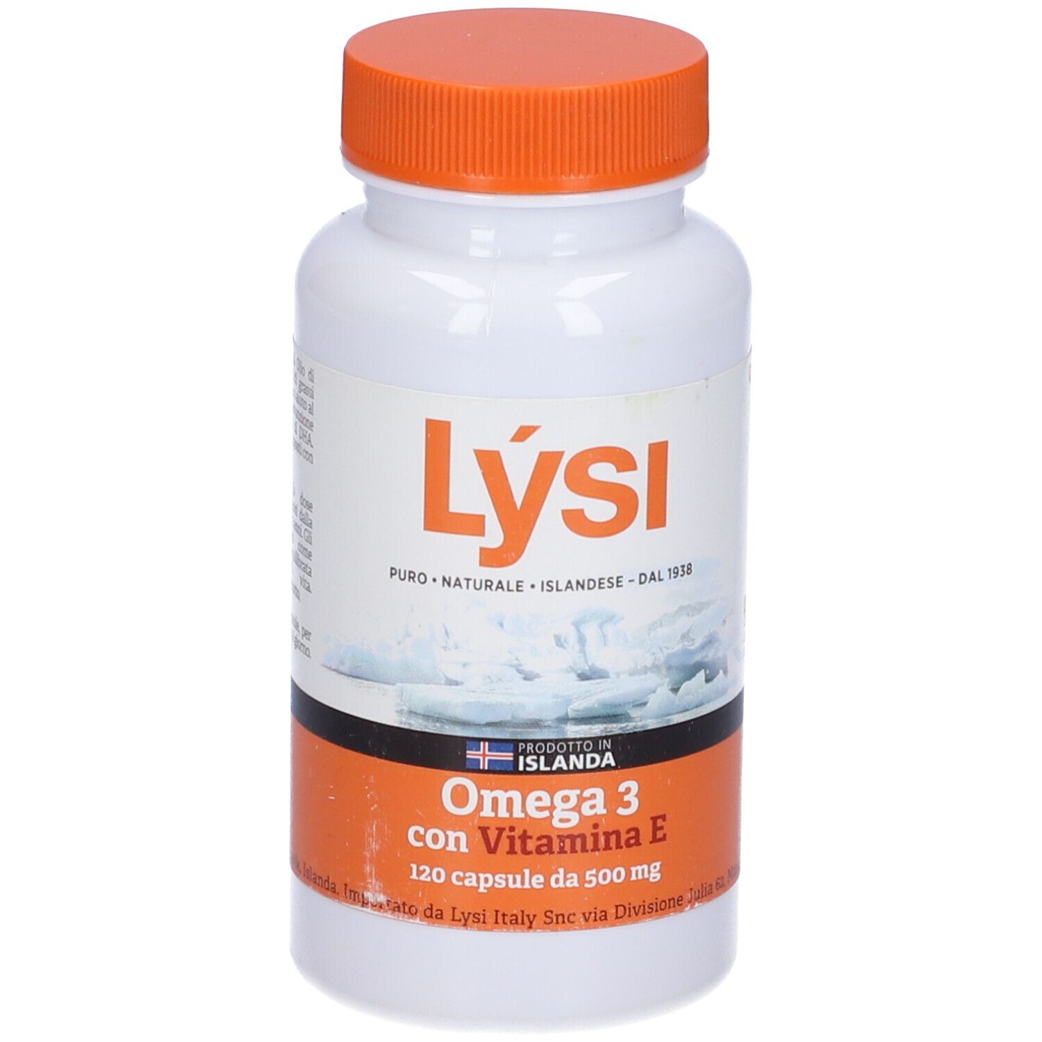 Weiße Flasche mit orangefarbenem Deckel. Aufschrift: Lysi, Omega 3 con Vitamina E, 120 Kapseln.