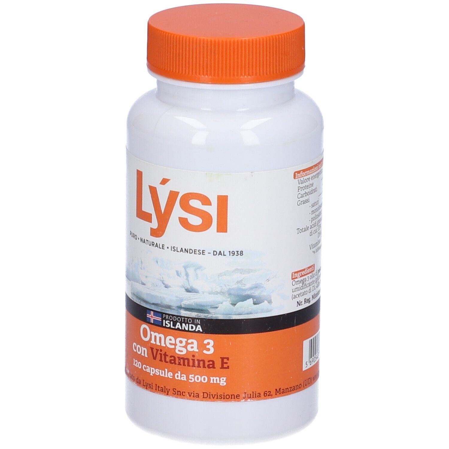 Weiße Flasche mit orangefarbenem Deckel. Aufschrift: Lysi, Omega 3 con Vitamina E, 120 Kapseln.
