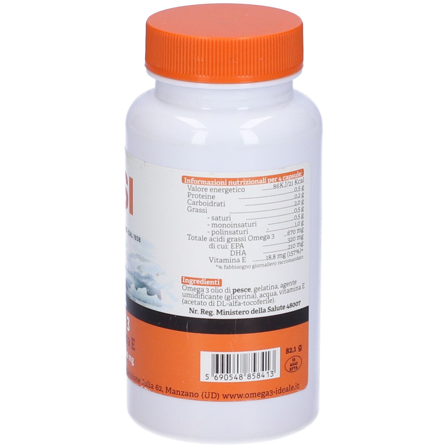 Rückseite der weißen Flasche mit orangefarbenem Deckel. Text, Nährwertangaben und Barcode.