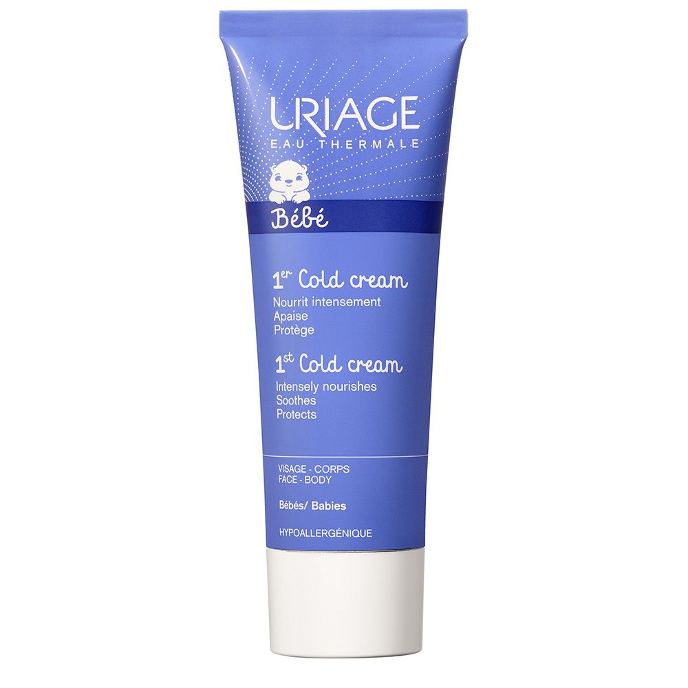 Tube bleu avec bouchon blanc. Inscription: URIAGE Bébé 1ère Cold Cream.