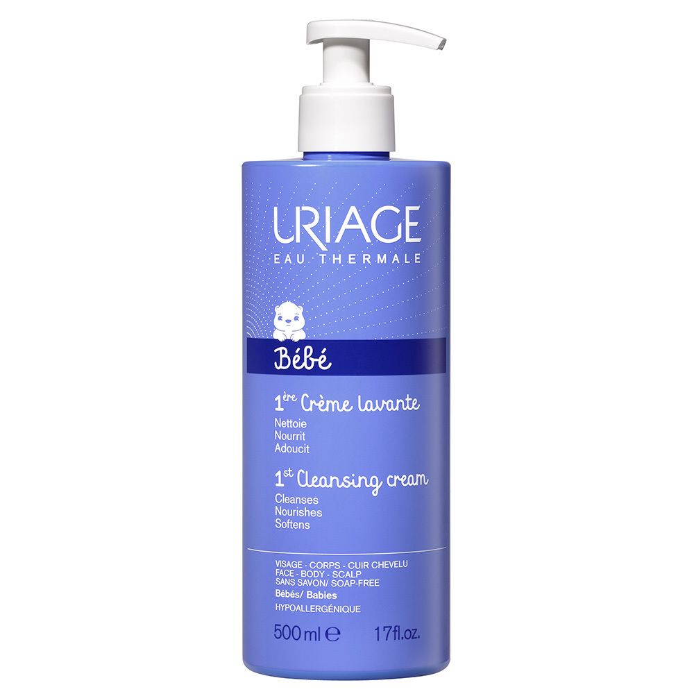Blaue Flasche mit Spender. Aufschrift: Uriage Bébé 1ère Crème Lavante. Enthält 500ml. Für Gesicht, Körper, Kopfhaut. Ohne Seife.