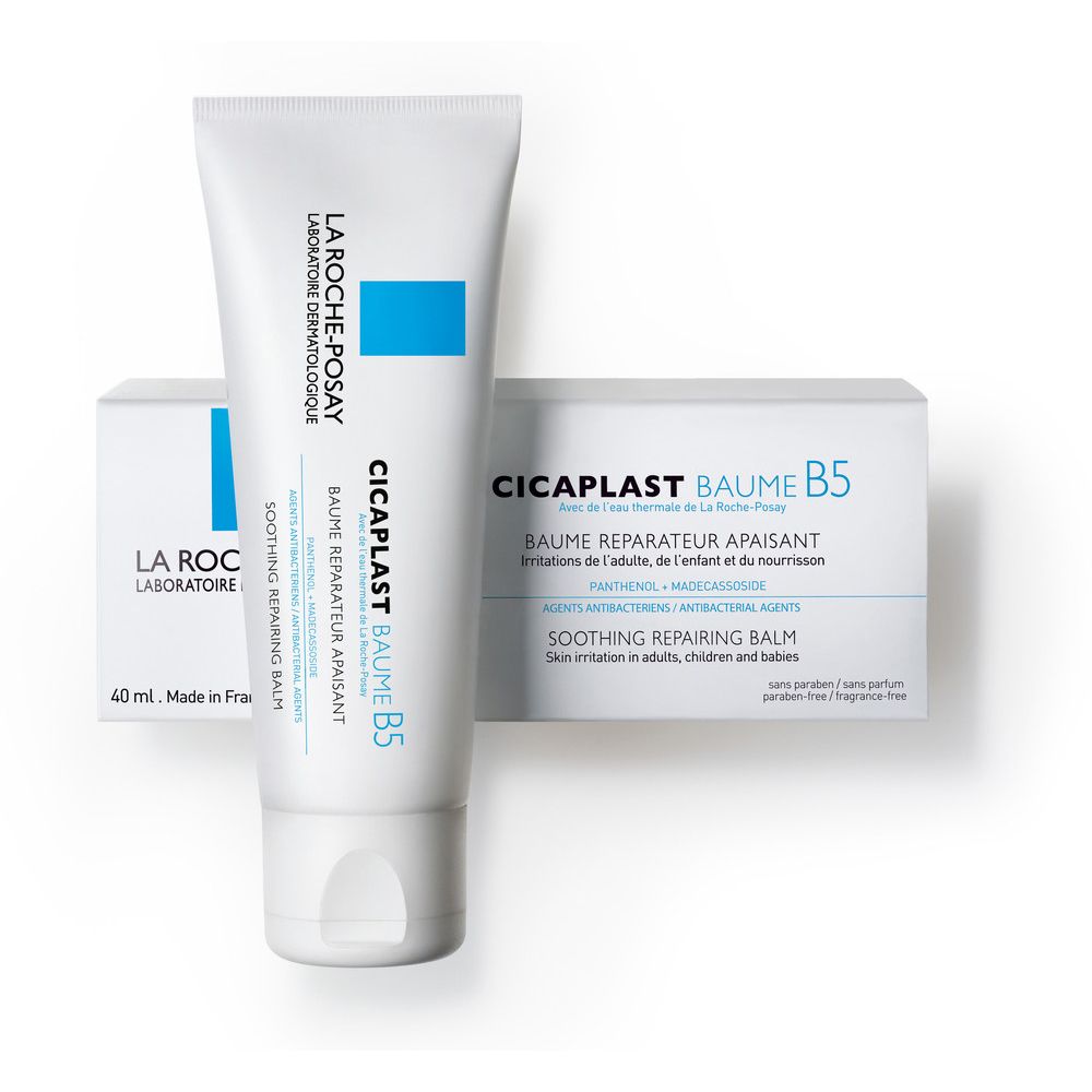 Tube et emballage La Roche-Posay CICAPLAST BAUME B5. Blanc, bleu et texte. Baume réparateur apaisant.