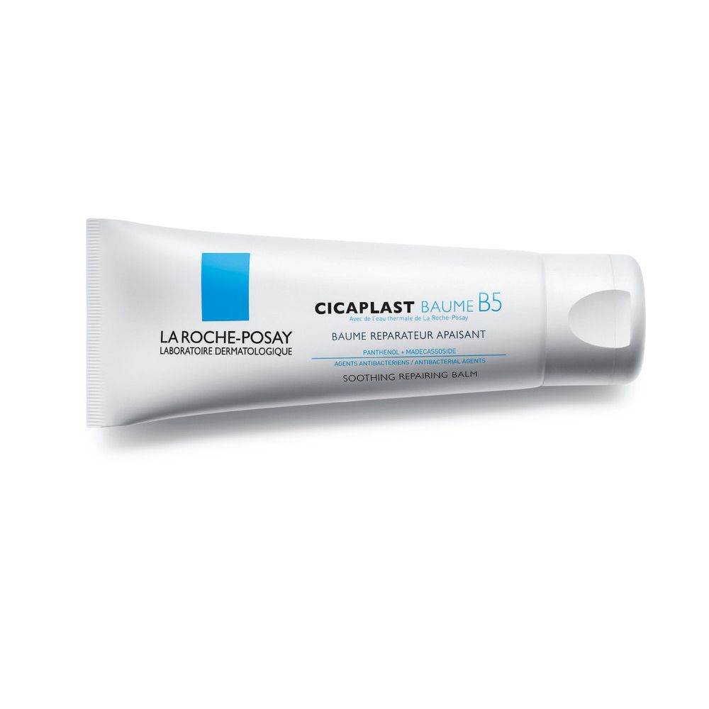 Tube La Roche-Posay CICAPLAST BAUME B5. Blanc, bleu et texte. Baume réparateur apaisant.
