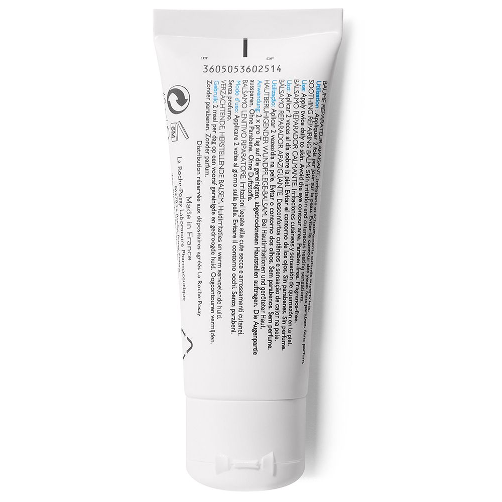 Dos du tube La Roche-Posay CICAPLAST BAUME B5. Texte et symboles. Sur fond blanc.
