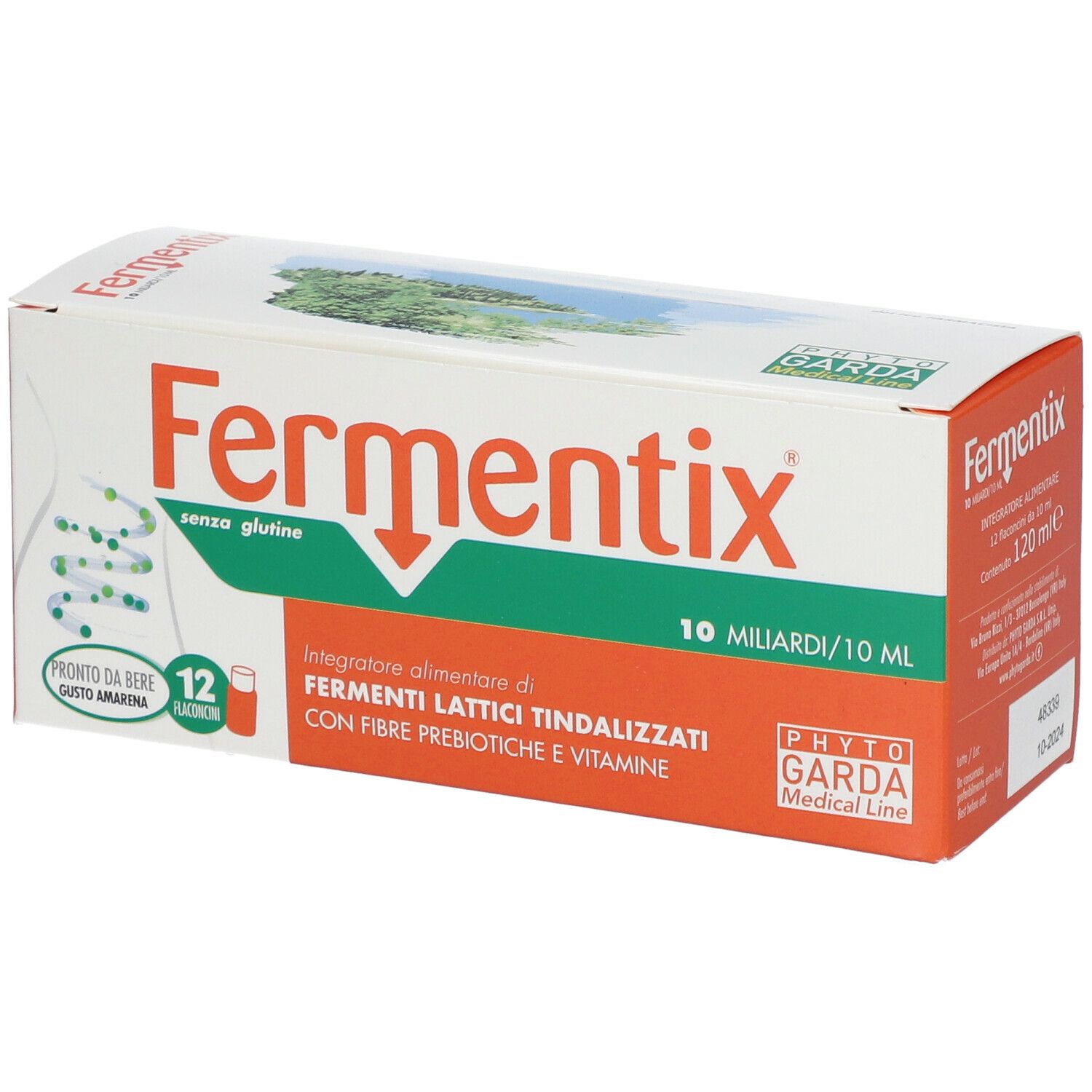 Boîte de FERMENTIX®-Fläschchen. Carton blanc et orange avec nom et logo du produit. Contient 12 flacons.
