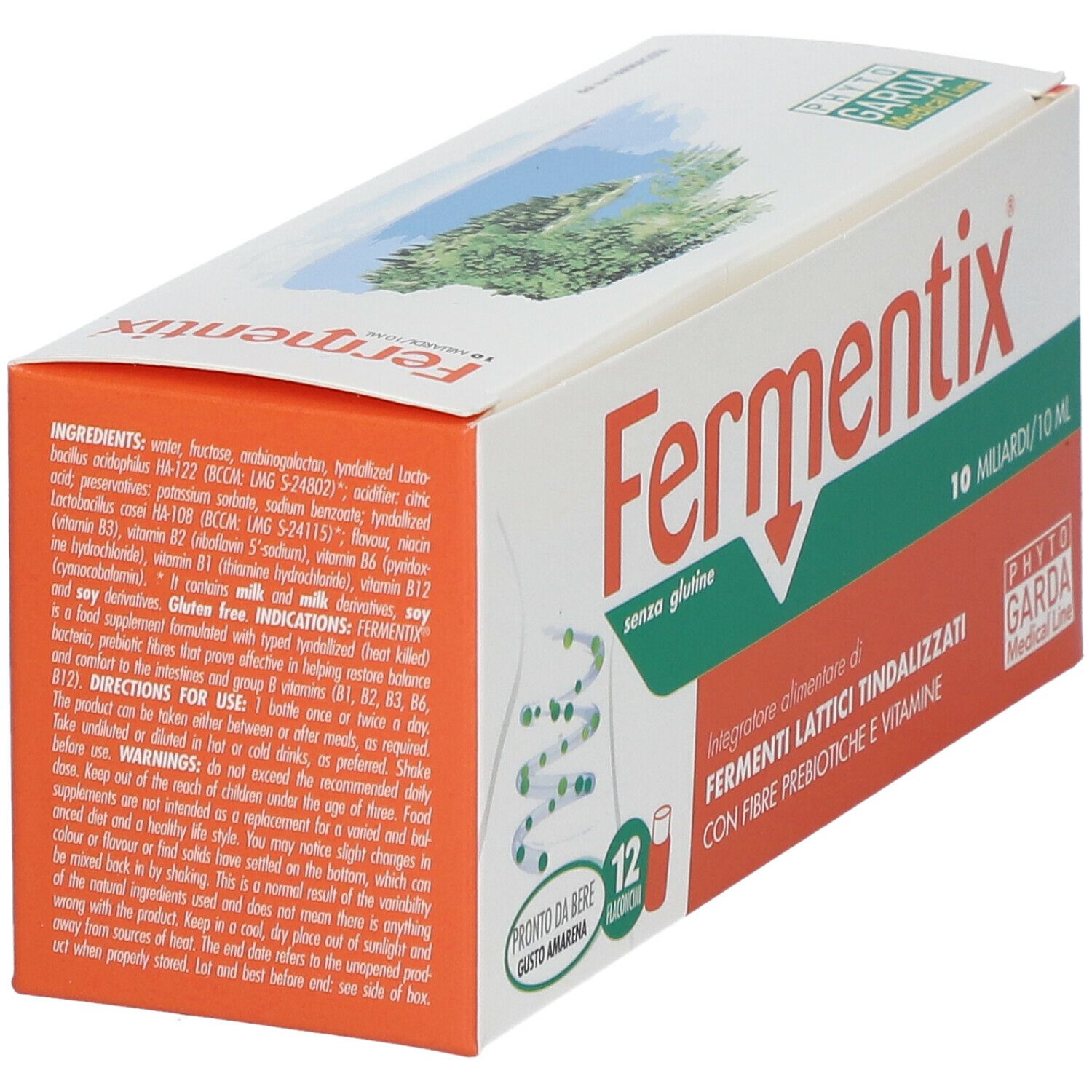 Boîte de FERMENTIX®-Fläschchen. Carton blanc et orange avec informations sur le produit et logo. Contient 12 flacons.