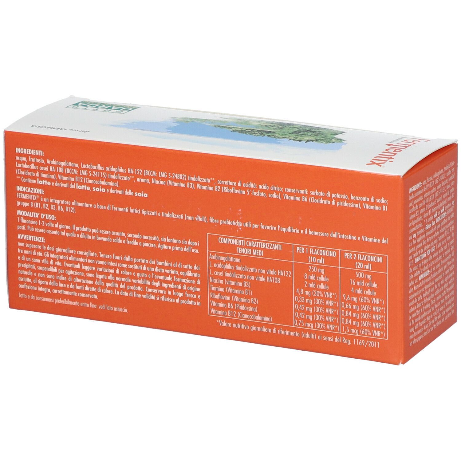 Dos de la boîte de FERMENTIX®-Fläschchen. Contient les ingrédients et les informations nutritionnelles. Carton blanc.