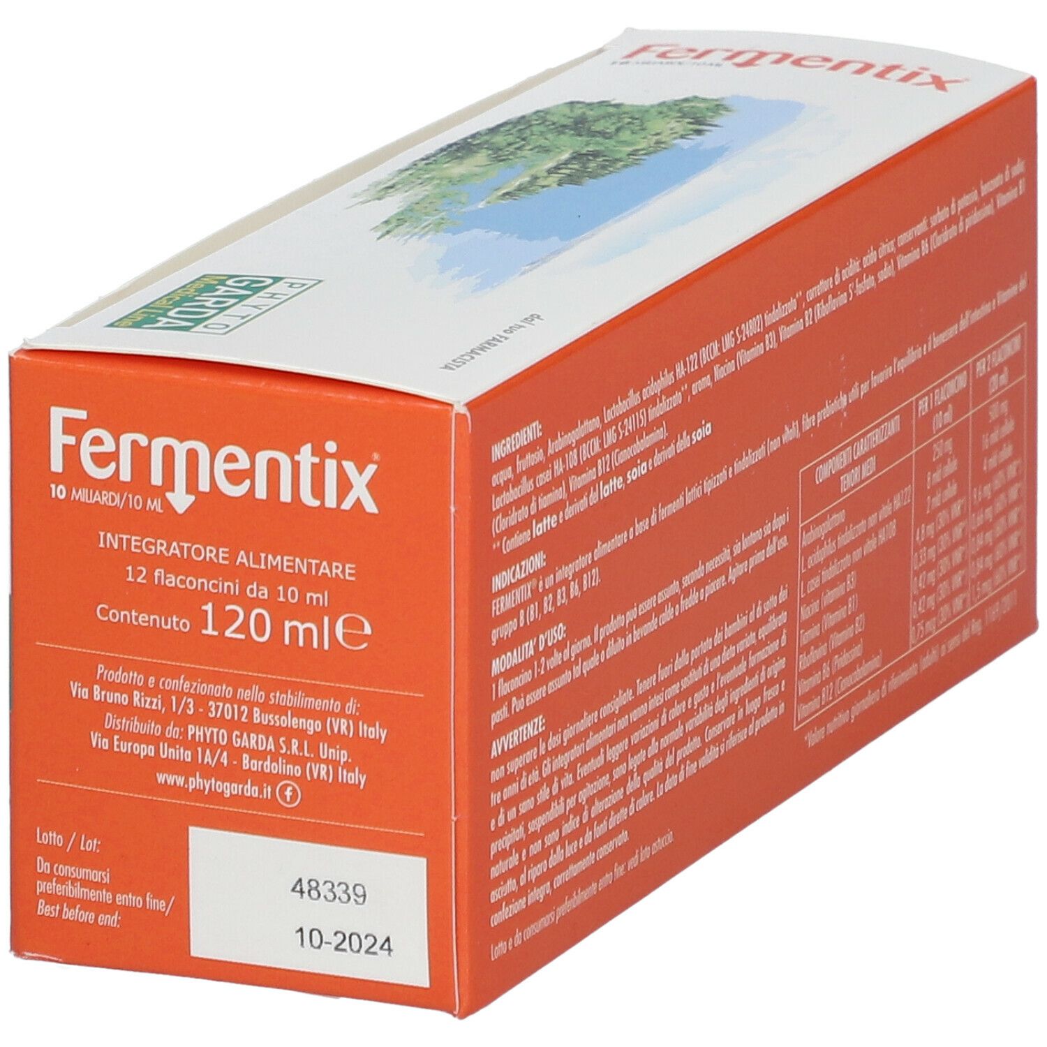 Côté de la boîte de FERMENTIX®-Fläschchen. Contient des informations sur le produit et le logo. Carton orange.