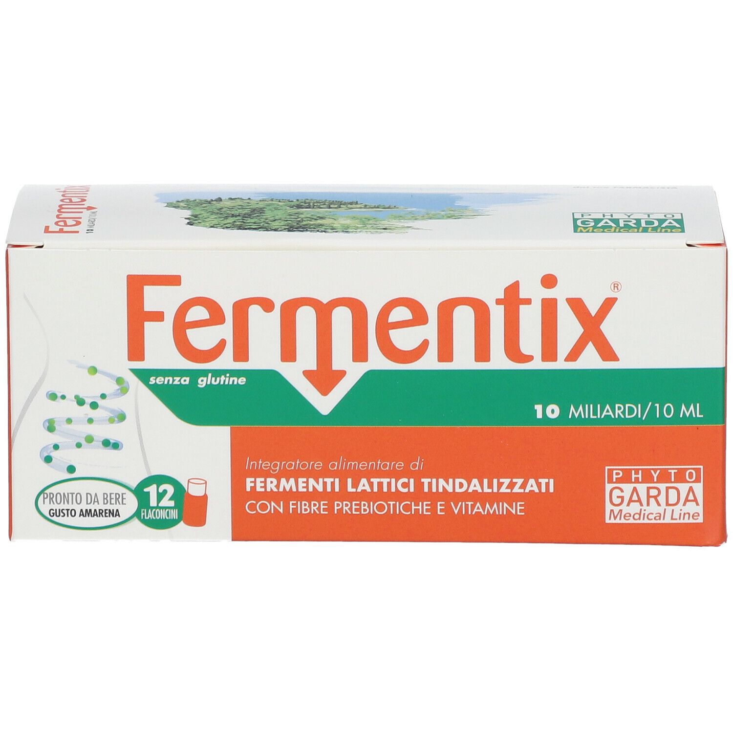 Boîte de FERMENTIX®-Fläschchen. Carton blanc et orange avec nom et logo du produit. Contient 12 flacons.