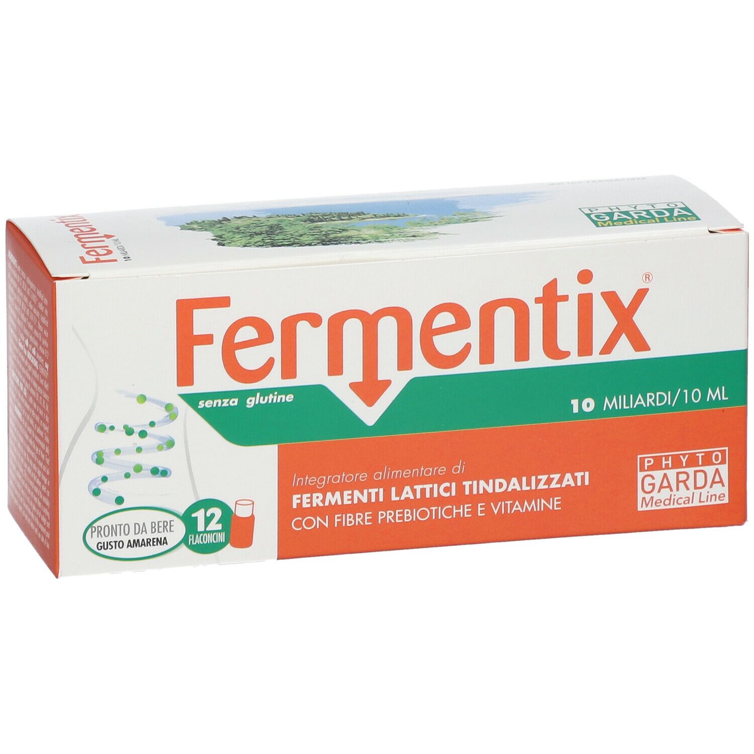 Boîte de FERMENTIX®-Fläschchen. Carton blanc et orange avec nom et logo du produit. Contient 12 flacons.