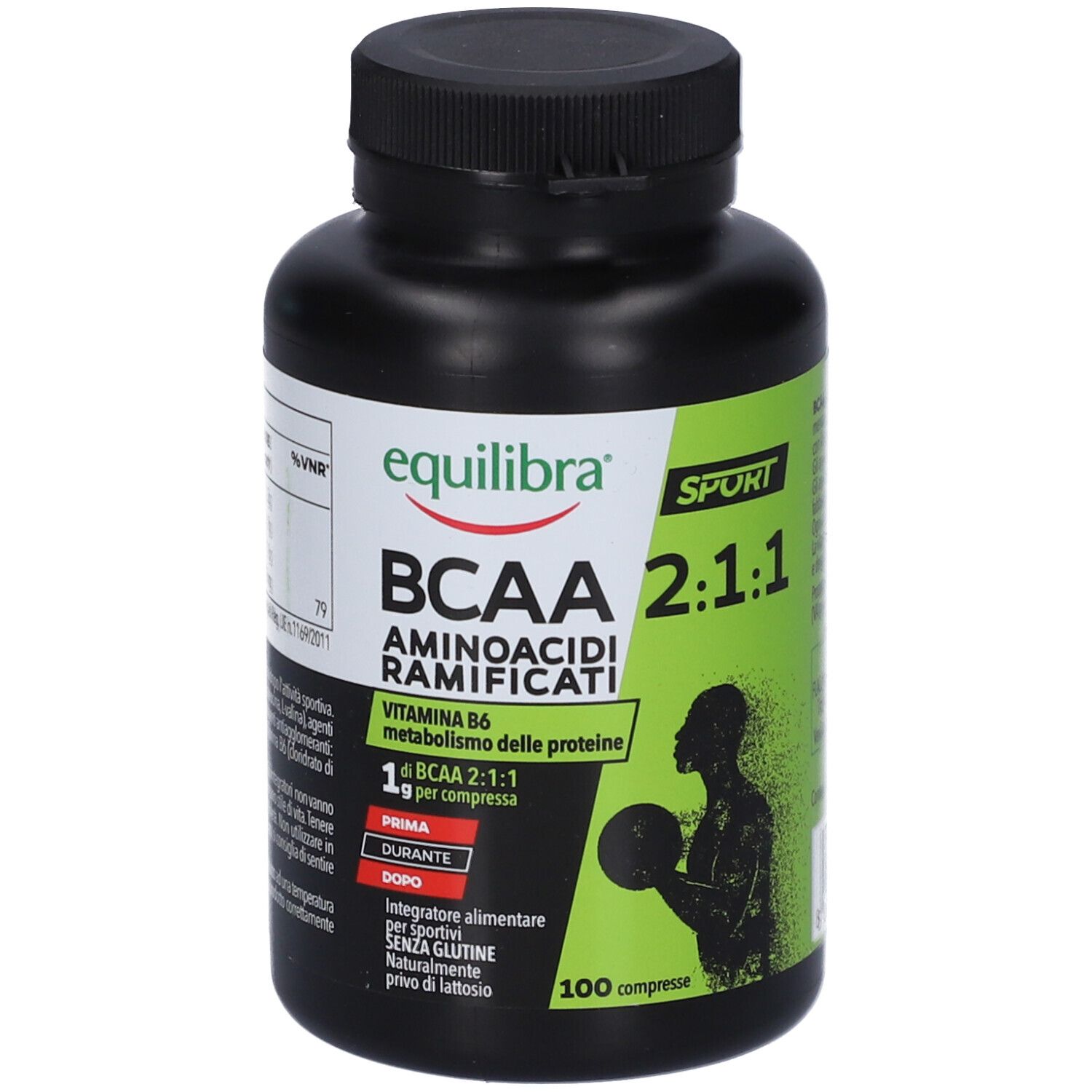 Flacon noir avec étiquette verte. Inscription: Equilibra BCAA 2:1:1, acides aminés. 100 comprimés. Logo Sport.