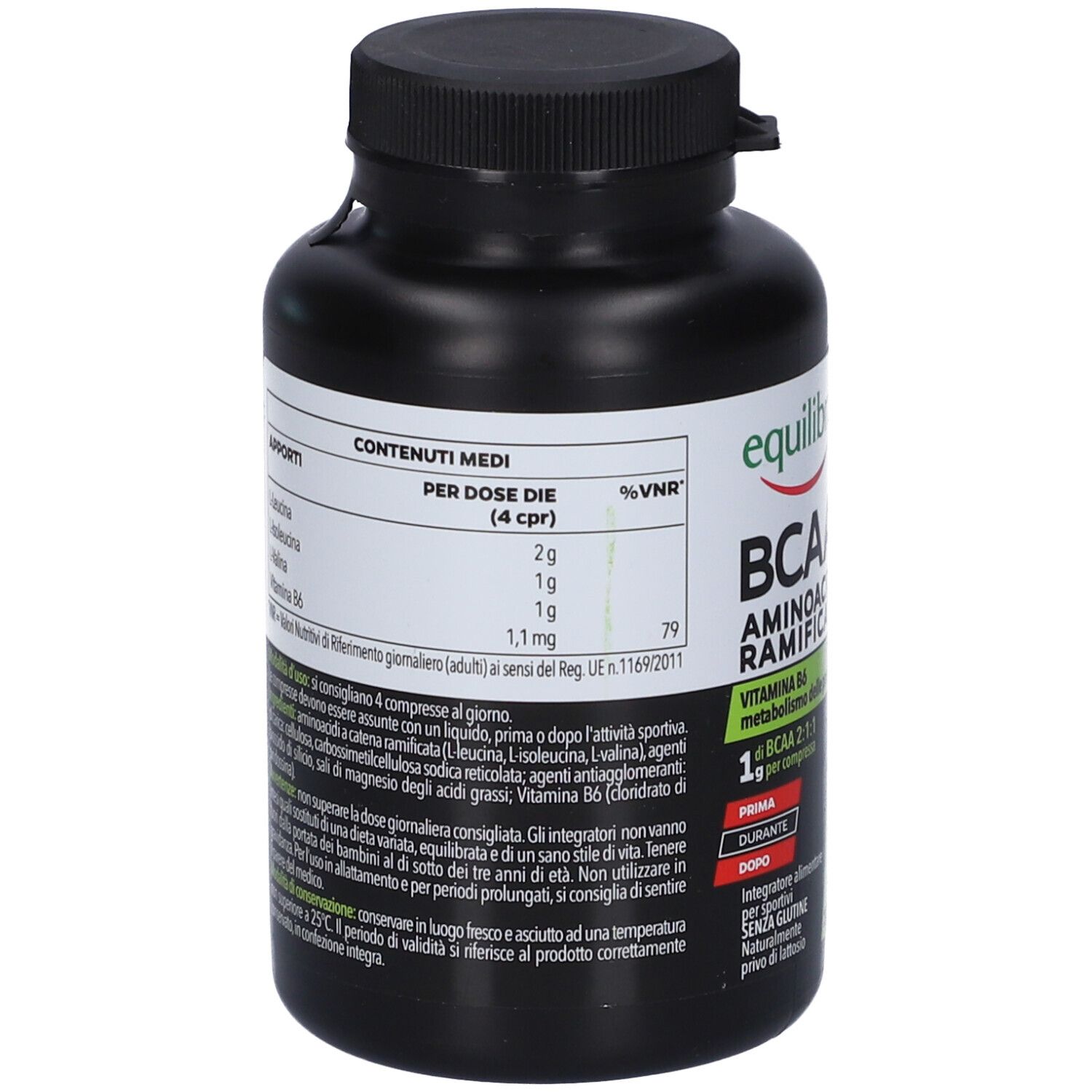 Dos du flacon noir. Contient des informations sur les ingrédients et les valeurs nutritionnelles. Texte en italien.