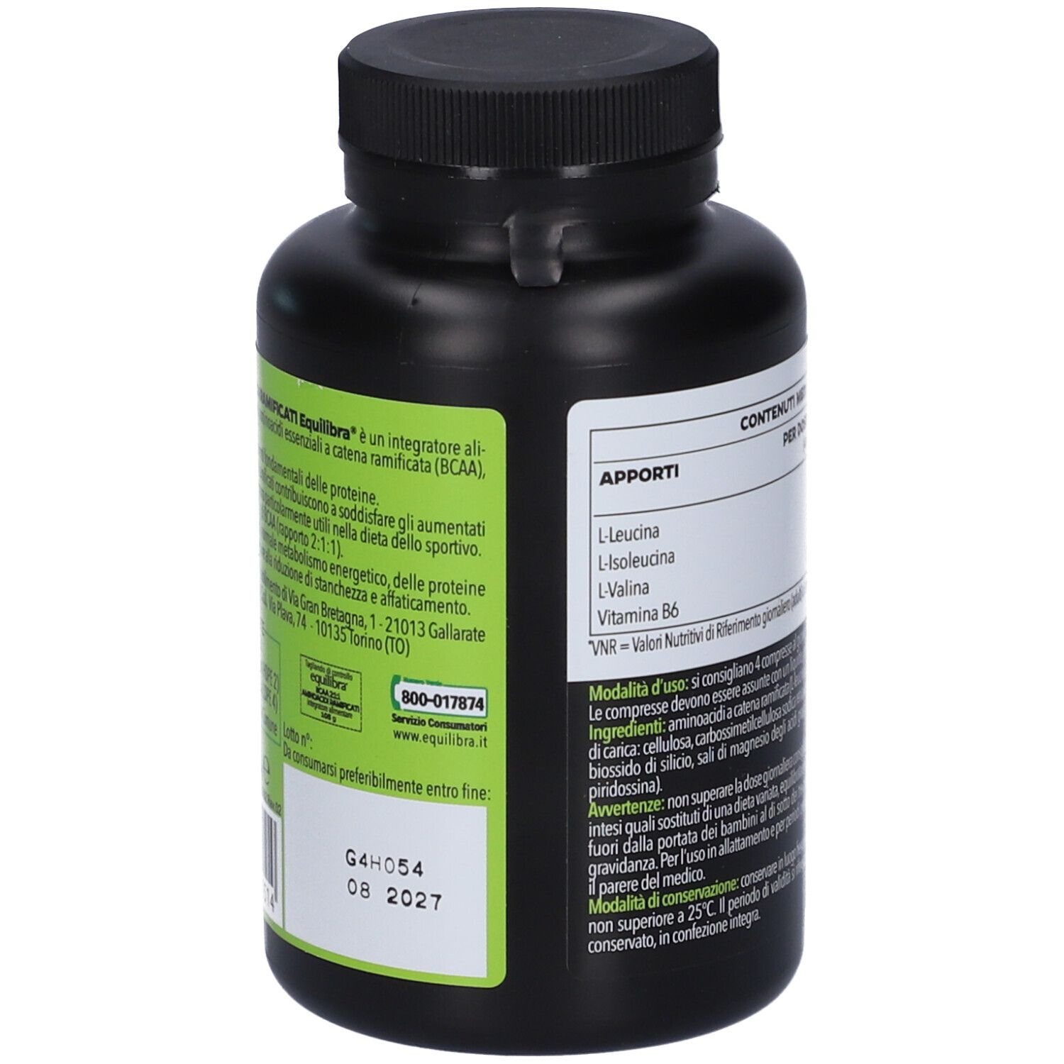 Dos du flacon noir. Contient des informations sur les ingrédients et les valeurs nutritionnelles. Texte en italien.