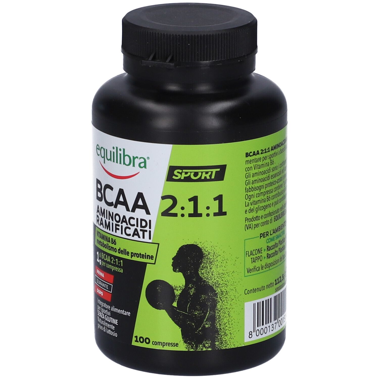 Flacon noir avec étiquette verte. Inscription: Equilibra BCAA 2:1:1, acides aminés. 100 comprimés. Logo Sport.