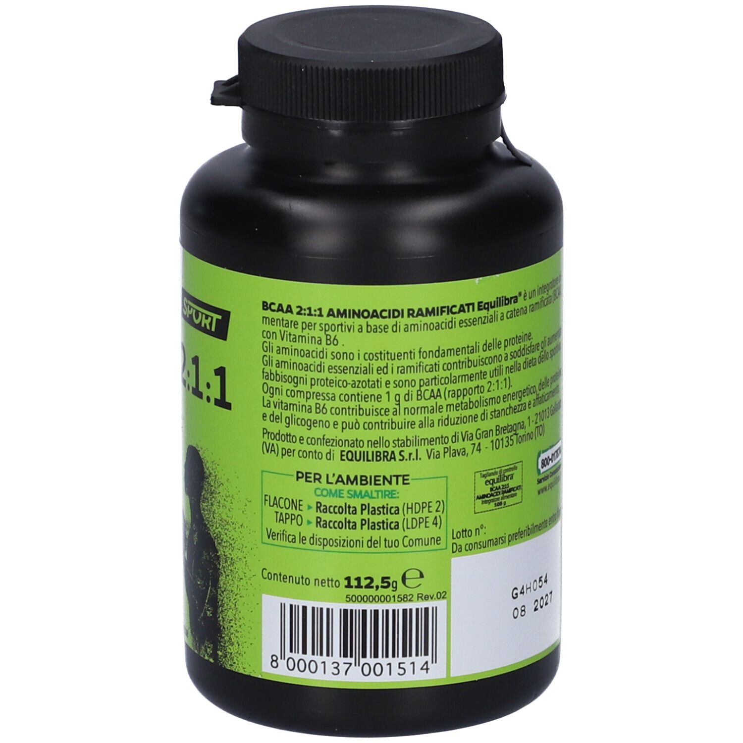 Dos du flacon noir. Contient des informations sur les ingrédients et les valeurs nutritionnelles. Texte en italien.