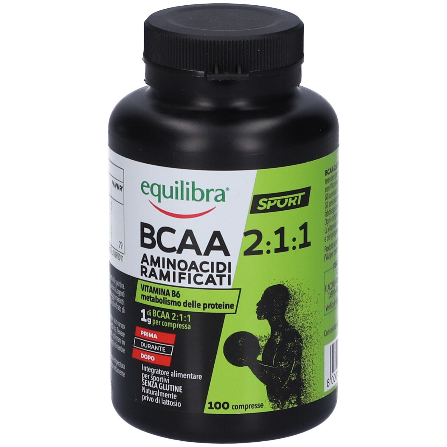 Flacon noir avec étiquette verte. Inscription: Equilibra BCAA 2:1:1, acides aminés. 100 comprimés. Logo Sport.