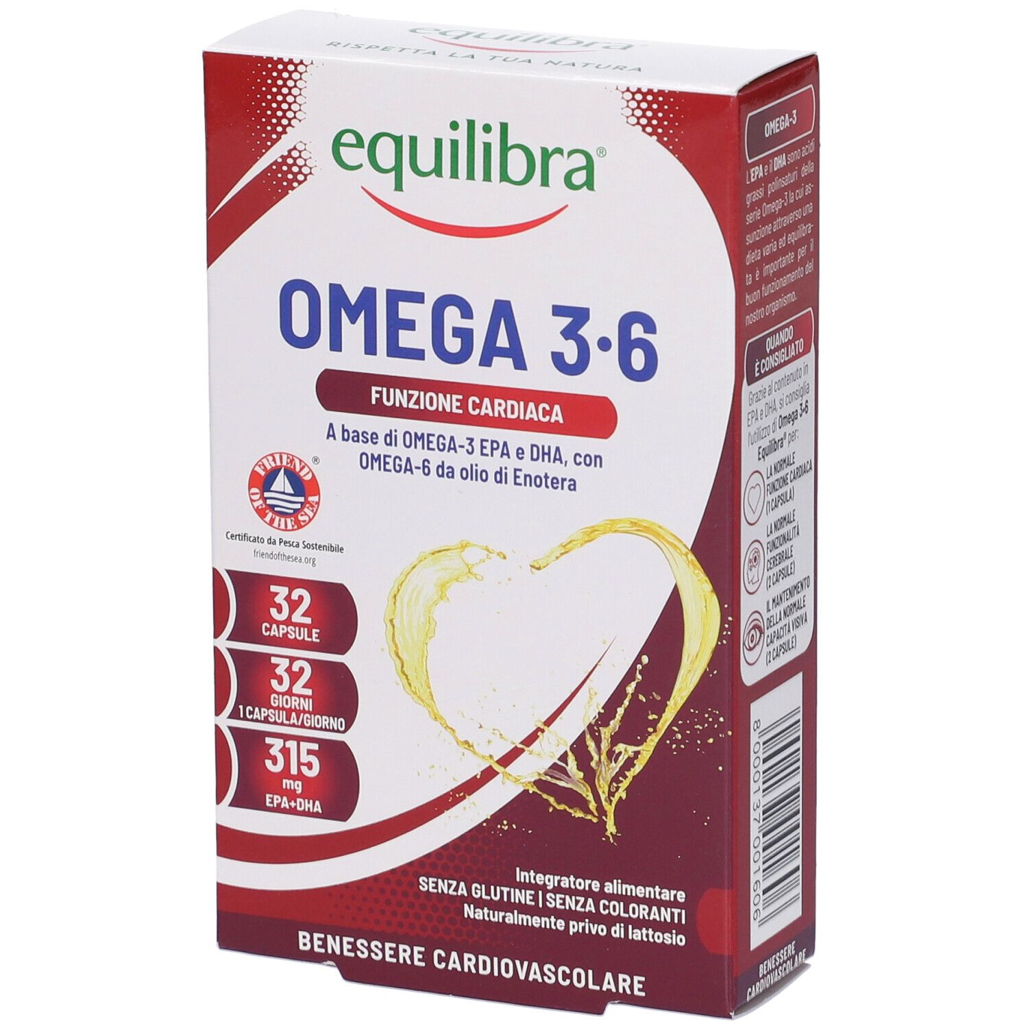 Verpackung von Equilibra Omega 3-6. Rote und weiße Schachtel mit Produktnamen und Inhaltsangaben. Herz-Grafik.
