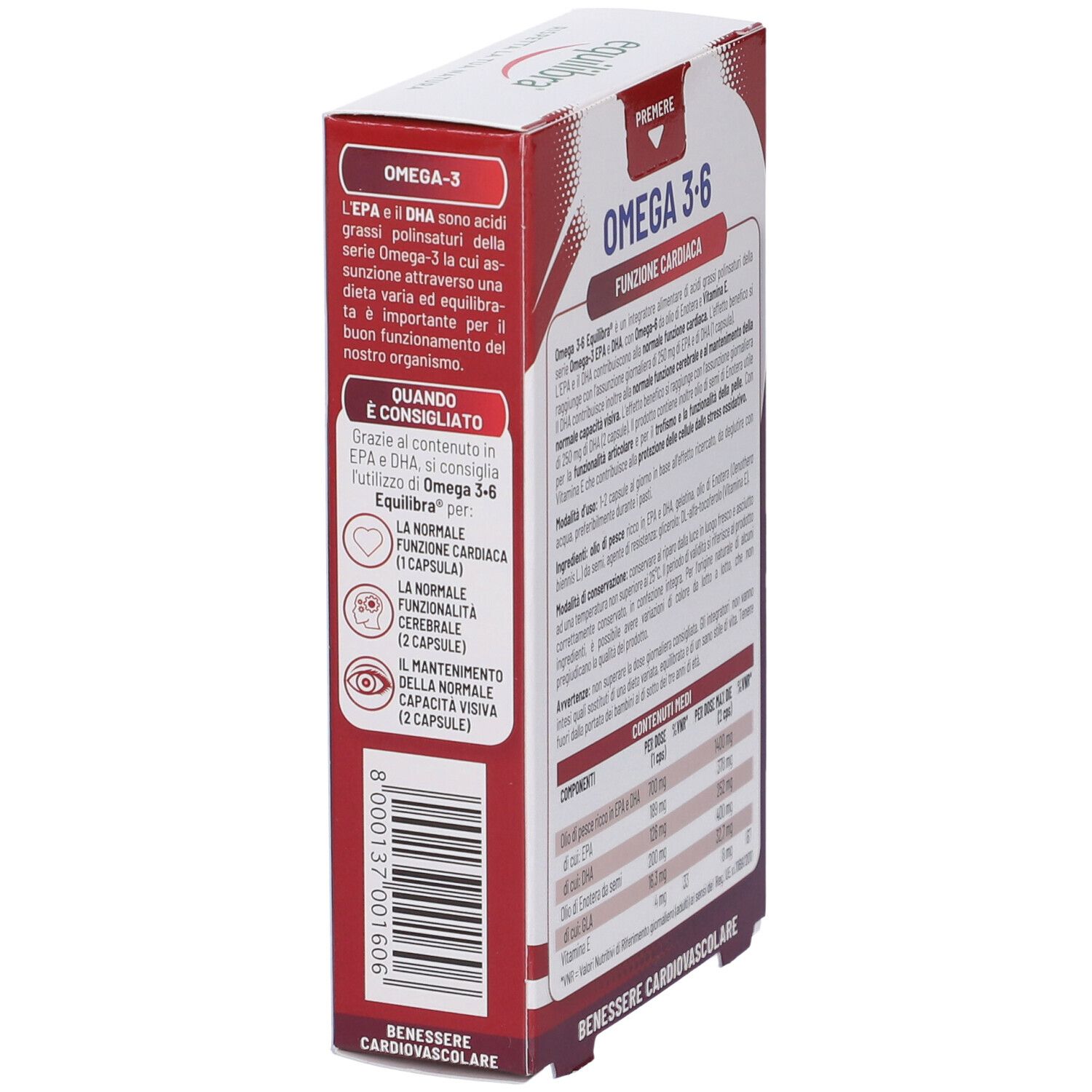 Seite der Verpackung von Equilibra Omega 3-6. Text über Omega-3 und Omega-6. Enthält Informationen.