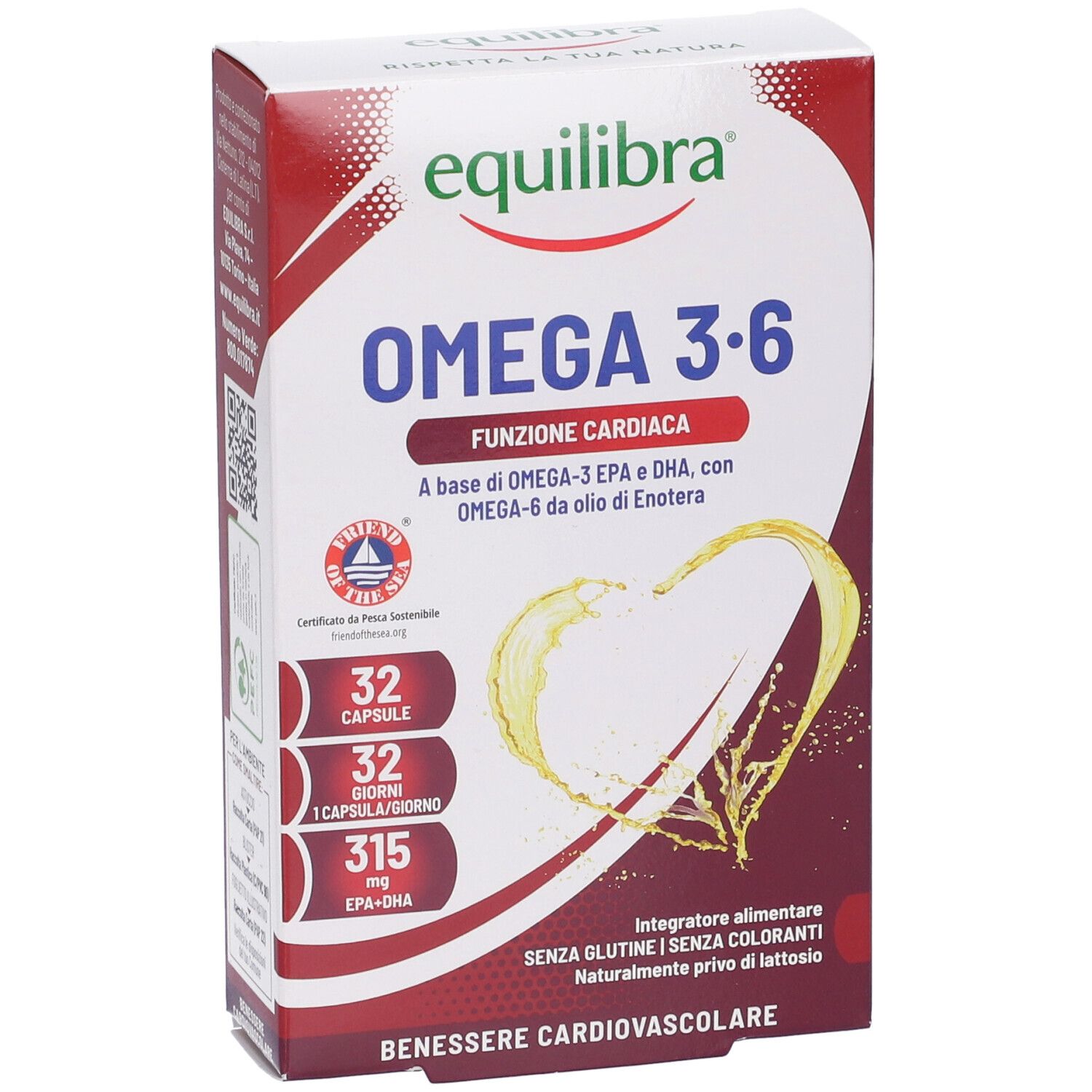 Verpackung von Equilibra Omega 3-6. Rote und weiße Schachtel mit Produktnamen und Inhaltsangaben. Herz-Grafik.