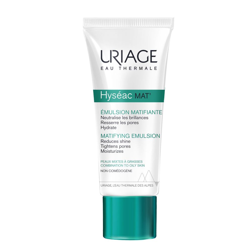 Weiße Tube mit grünem Deckel. Aufschrift: URIAGE, Hyséac MAT, mattierende Emulsion. Für Mischhaut bis fettige Haut.