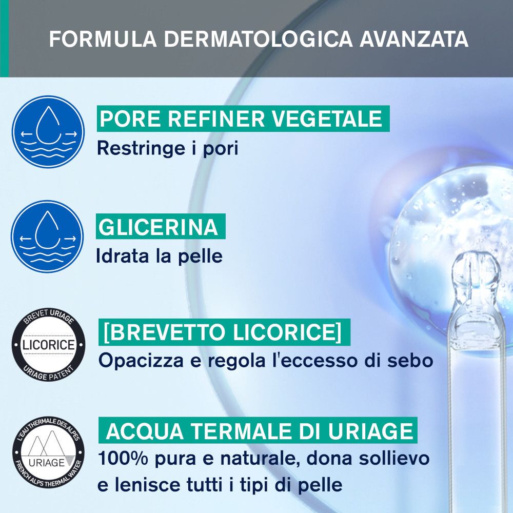 Grafik mit Inhaltsstoffen. Text: Pflanzlicher Porenverfeinerer, Glycerin, Süßholz-Patent, Uriage Thermalwasser.