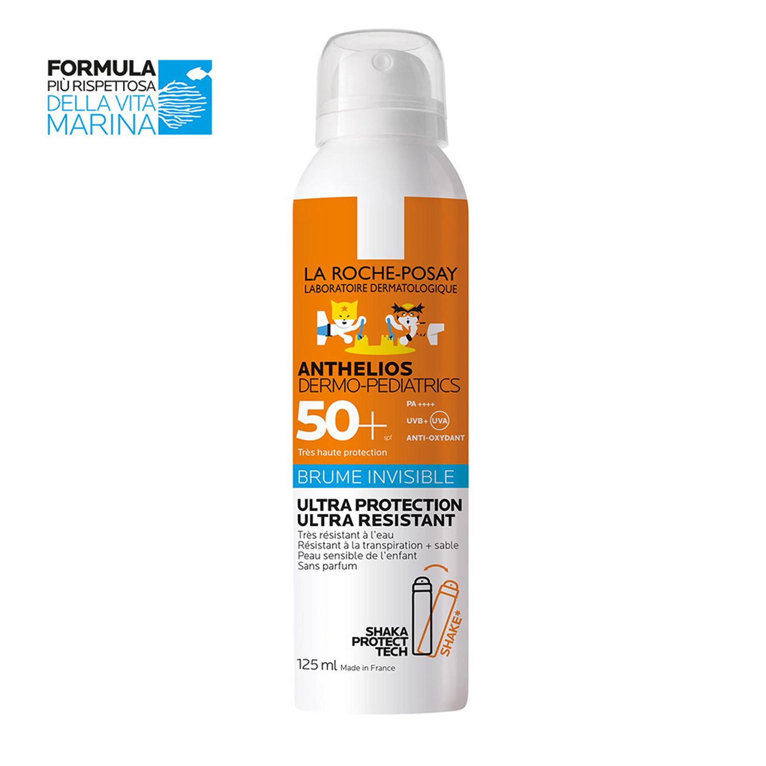 Weißes Aerosol mit orangefarbenem Etikett. Aufschrift: ANTHELIOS Dermo-Pediatrics 50+. Mit Kinderillustrationen.