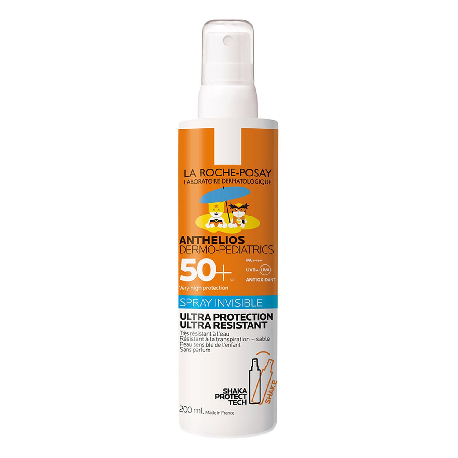 Flacon spray blanc et orange. Inscription: Anthelios Dermo-Kids 50+ Spray. Illustrations d'enfants à la plage.