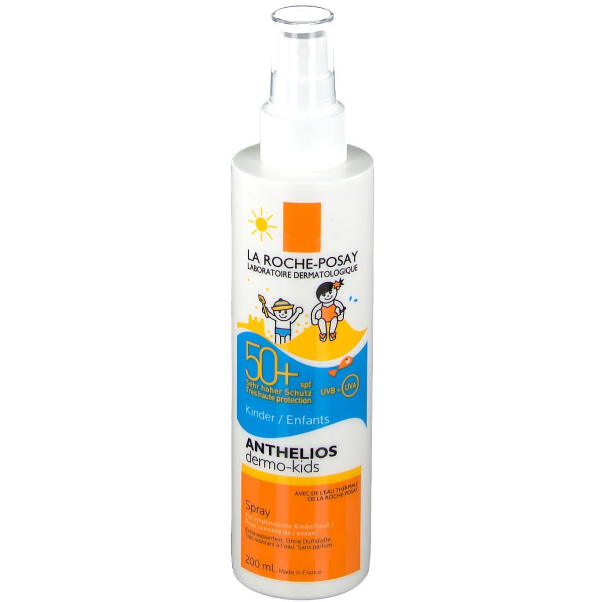 Flacon spray blanc et orange. Inscription: Anthelios dermo-kids Spray. Illustrations d'enfants à la plage. Protection solaire 50+.