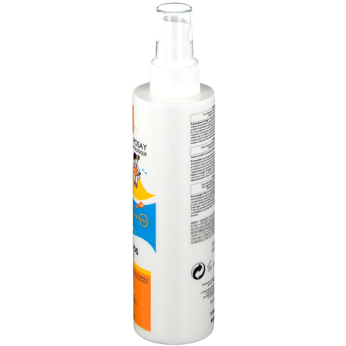 Flacon spray blanc et orange. Inscription: Anthelios dermo-kids Spray. Dos avec texte et informations. Protection solaire 50+.