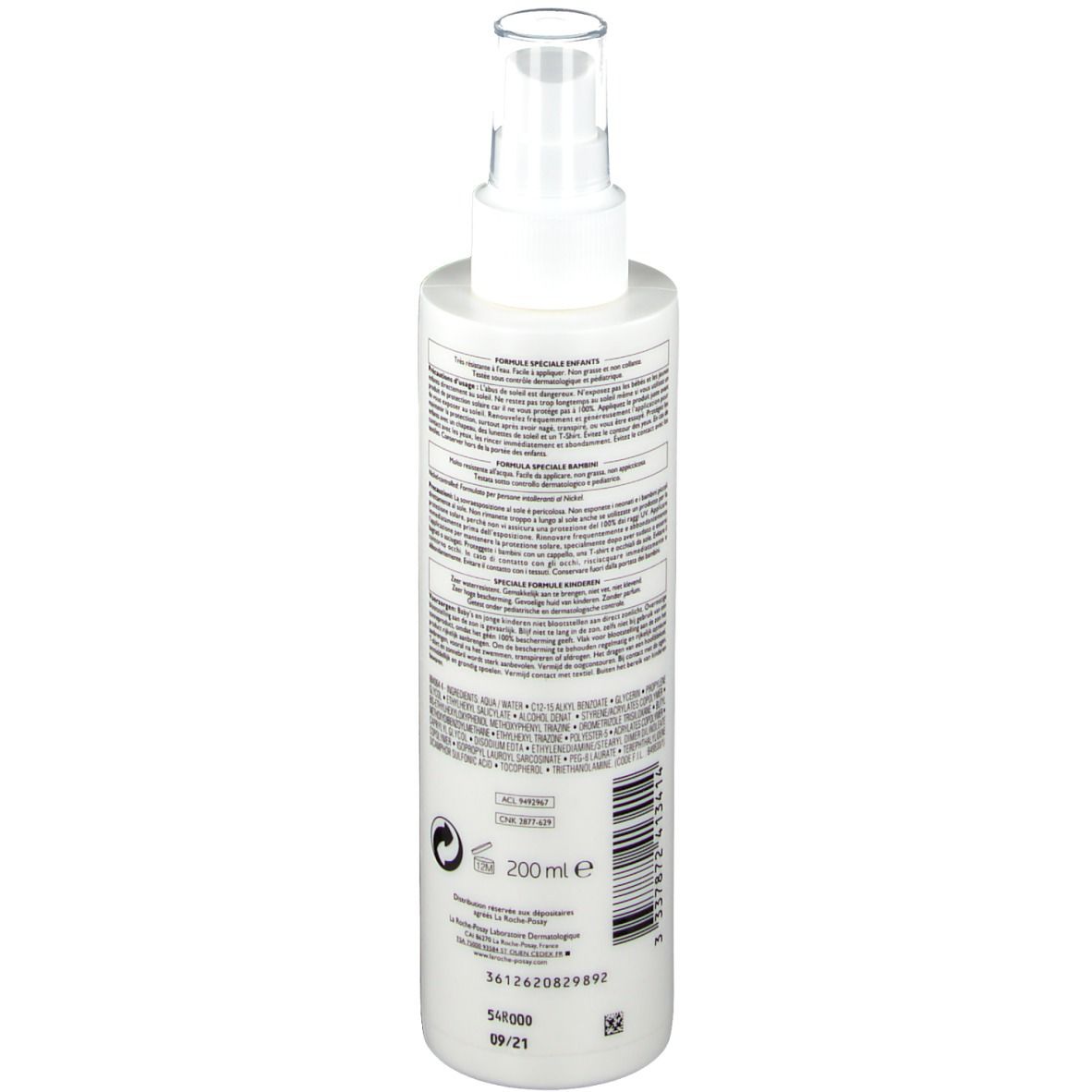 Dos du flacon spray. Texte et informations. Inscription: 200 ml. Avec logos et code-barres. Protection solaire 50+.