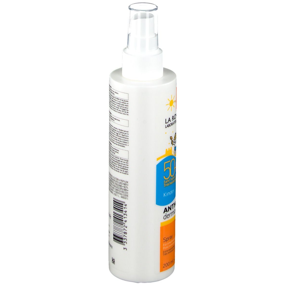 Dos du flacon spray. Texte et informations. Inscription: 200 ml. Avec logos et code-barres. Protection solaire 50+.