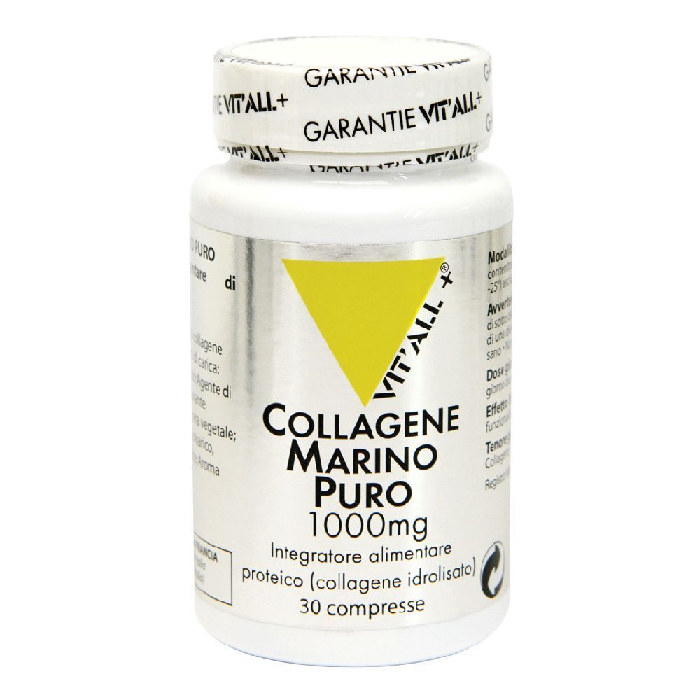 Weiße Flasche mit gelbem Dreieck und Aufschrift 'Collagen Marino Puro 1000mg'. 30 Tabletten.