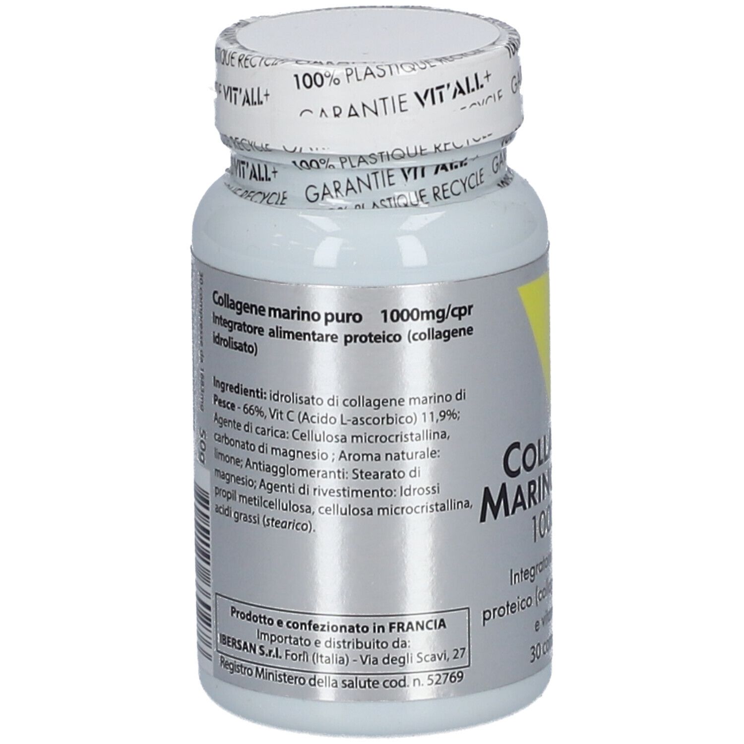 Rückseite der weißen Flasche. Text mit Inhaltsstoffen und Herstellerinformationen. 'Collagen Marino Puro 1000mg'.