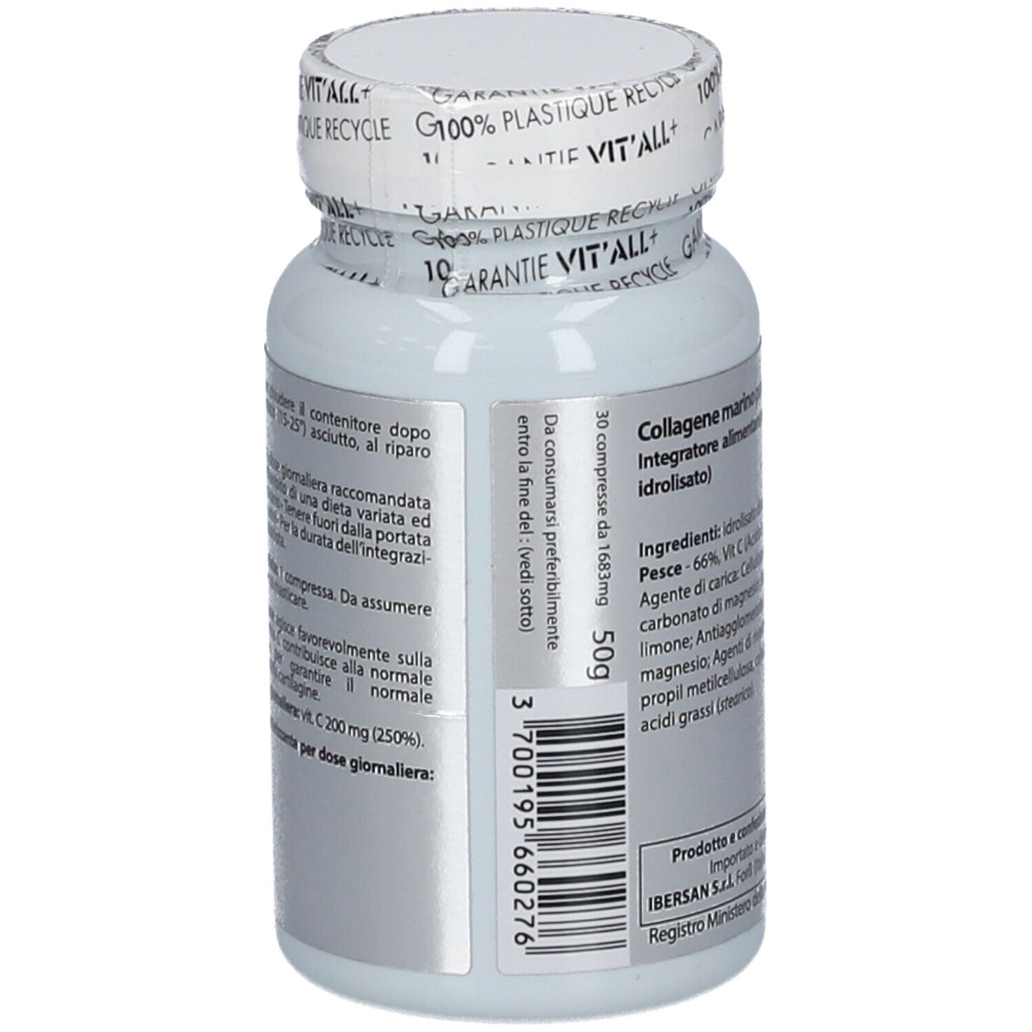 Rückseite der weißen Flasche. Text mit Inhaltsstoffen und Herstellerinformationen. 'Collagen Marino Puro 1000mg'.