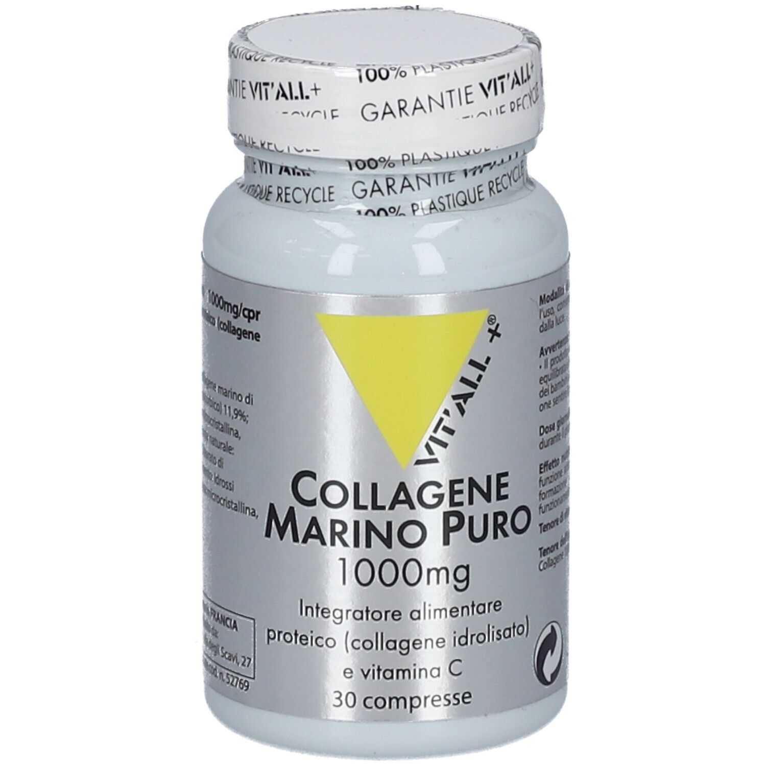 Weiße Flasche mit gelbem Dreieck. Aufschrift 'Collagen Marino Puro 1000mg' und '30 compresse'.