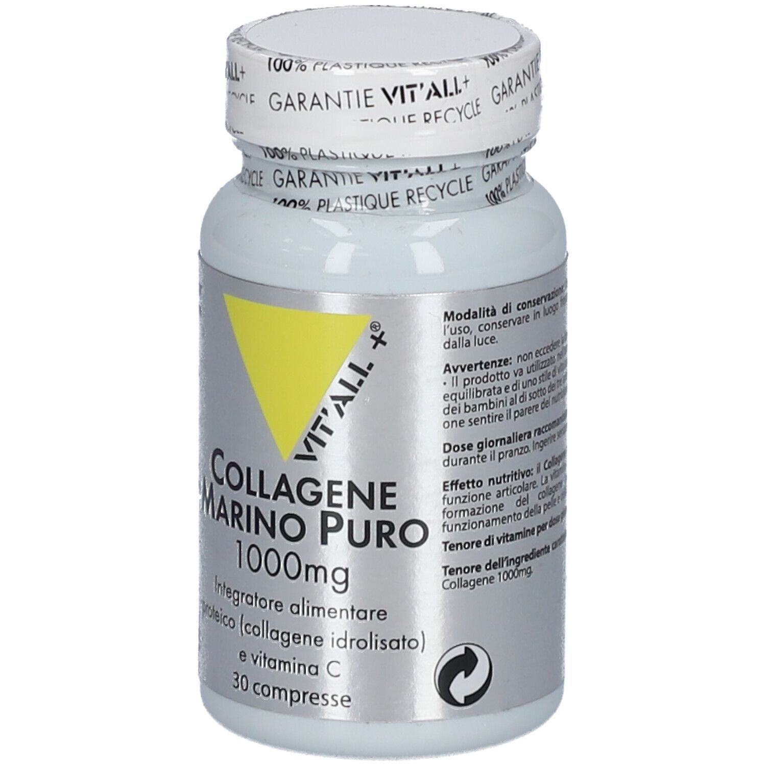 Weiße Flasche mit gelbem Dreieck. Aufschrift 'Collagen Marino Puro 1000mg' und '30 compresse'.