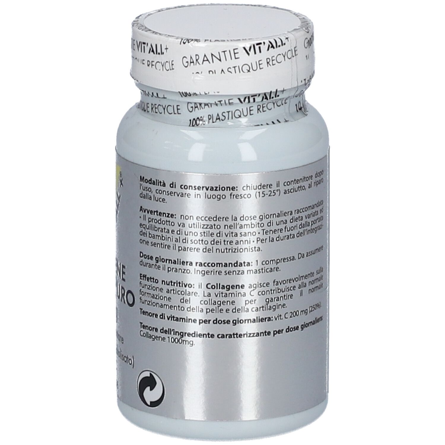 Rückseite der weißen Flasche. Text mit Inhaltsstoffen und Herstellerinformationen. 'Collagen Marino Puro 1000mg'.