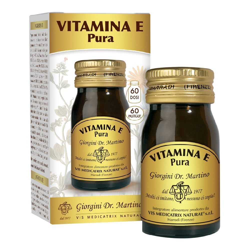 Flacon en verre brun avec bouchon doré et étiquette. Inscription : VITAMINA E Pura, Giorgini Dr. Martino. Avec emballage.
