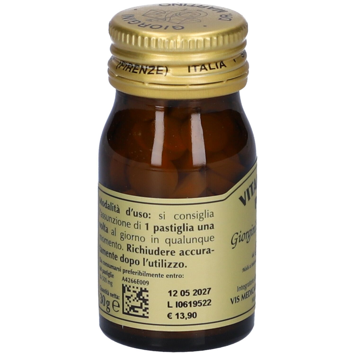 Flacon en verre brun avec bouchon doré. Inscription : VITAMINA E Pura, Giorgini Dr. Martino. Dos avec informations.