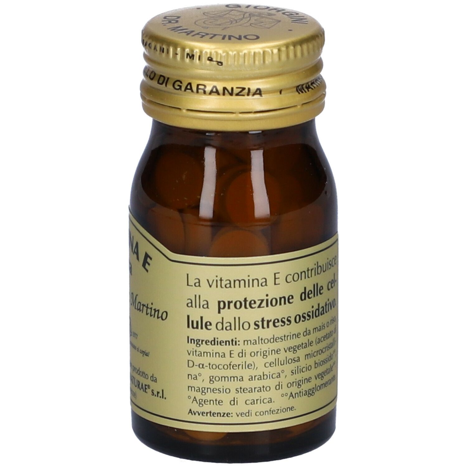 Flacon en verre brun avec bouchon doré. Inscription : VITAMINA E Pura, Giorgini Dr. Martino. Dos avec informations.