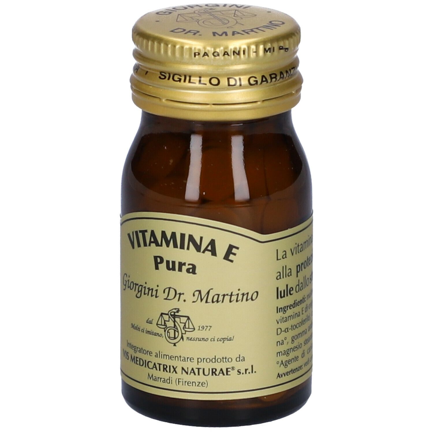 Flacon en verre brun avec bouchon doré. Inscription : VITAMINA E Pura, Giorgini Dr. Martino. Étiquette avec informations.