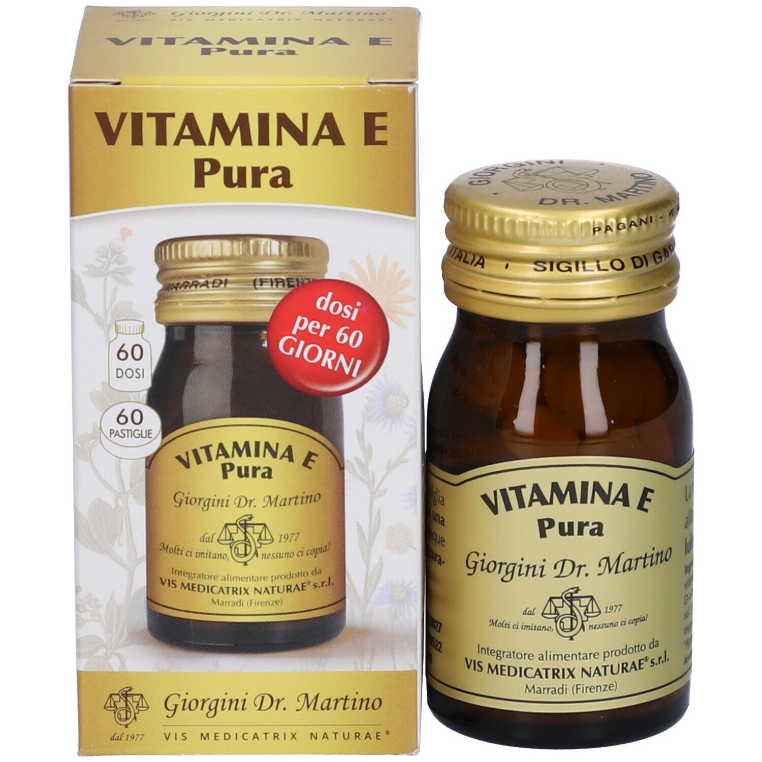 Emballage avec flacon en verre brun et bouchon doré. Inscription : VITAMINA E Pura, Giorgini Dr. Martino. 60 comprimés.