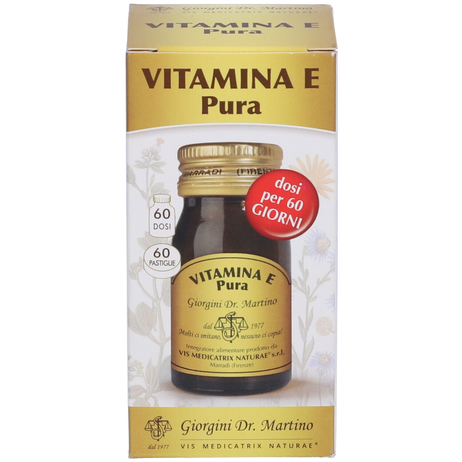 Emballage avec flacon en verre brun et bouchon doré. Inscription : VITAMINA E Pura, Giorgini Dr. Martino. 60 comprimés.