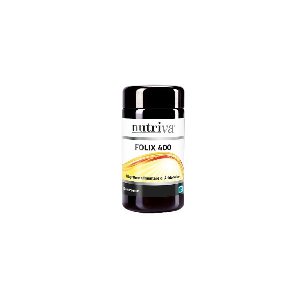 Schwarze Dose mit weißem Etikett. Aufschrift: Nutriva Folix 400. Nahrungsergänzungsmittel mit Folsäure.