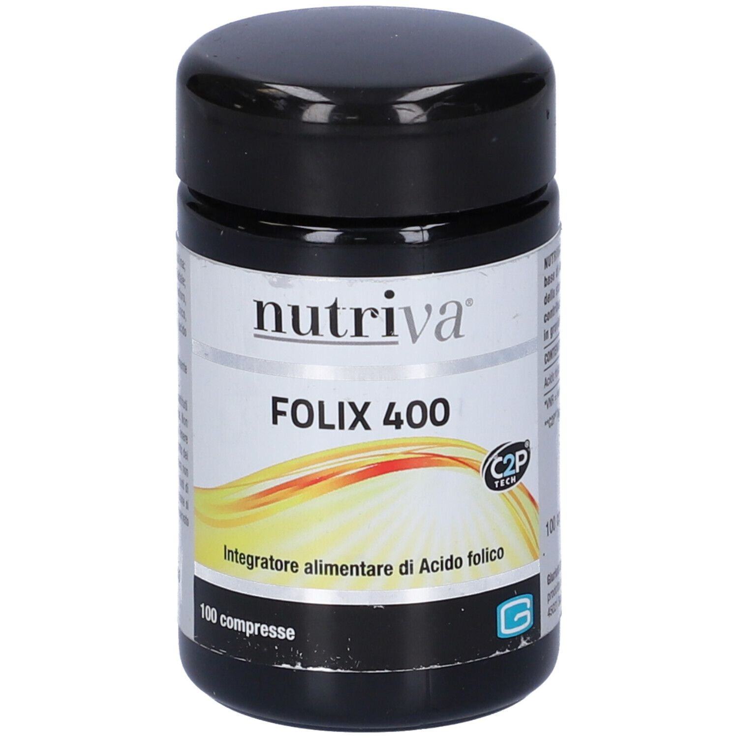 Schwarze Dose mit weißem Etikett. Aufschrift: Nutriva Folix 400, 100 Tabletten. Nahrungsergänzungsmittel.