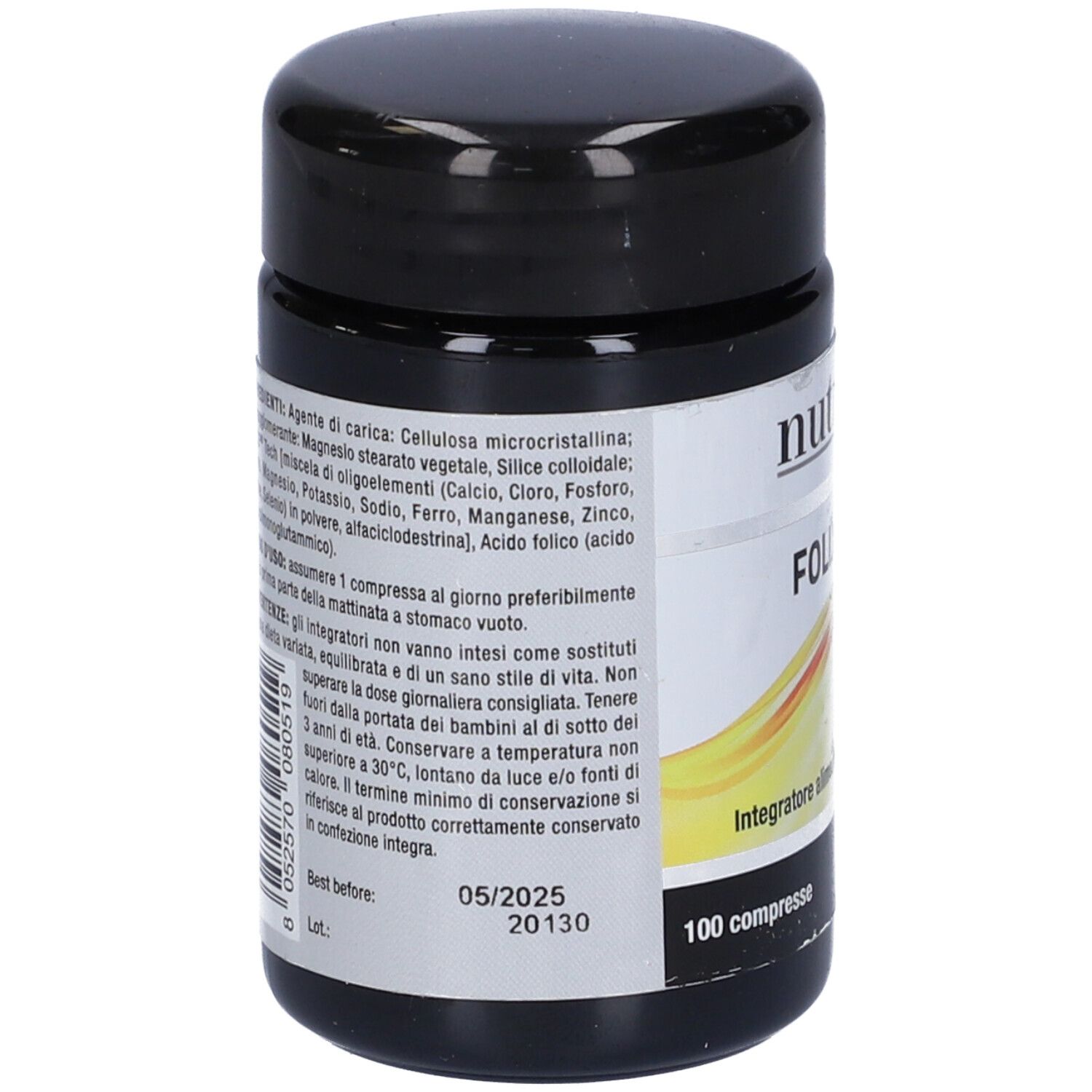 Schwarze Dose mit weißem Etikett. Aufschrift: Nutriva Folix 400, 100 Tabletten. Rückseite mit Inhaltsstoffen.