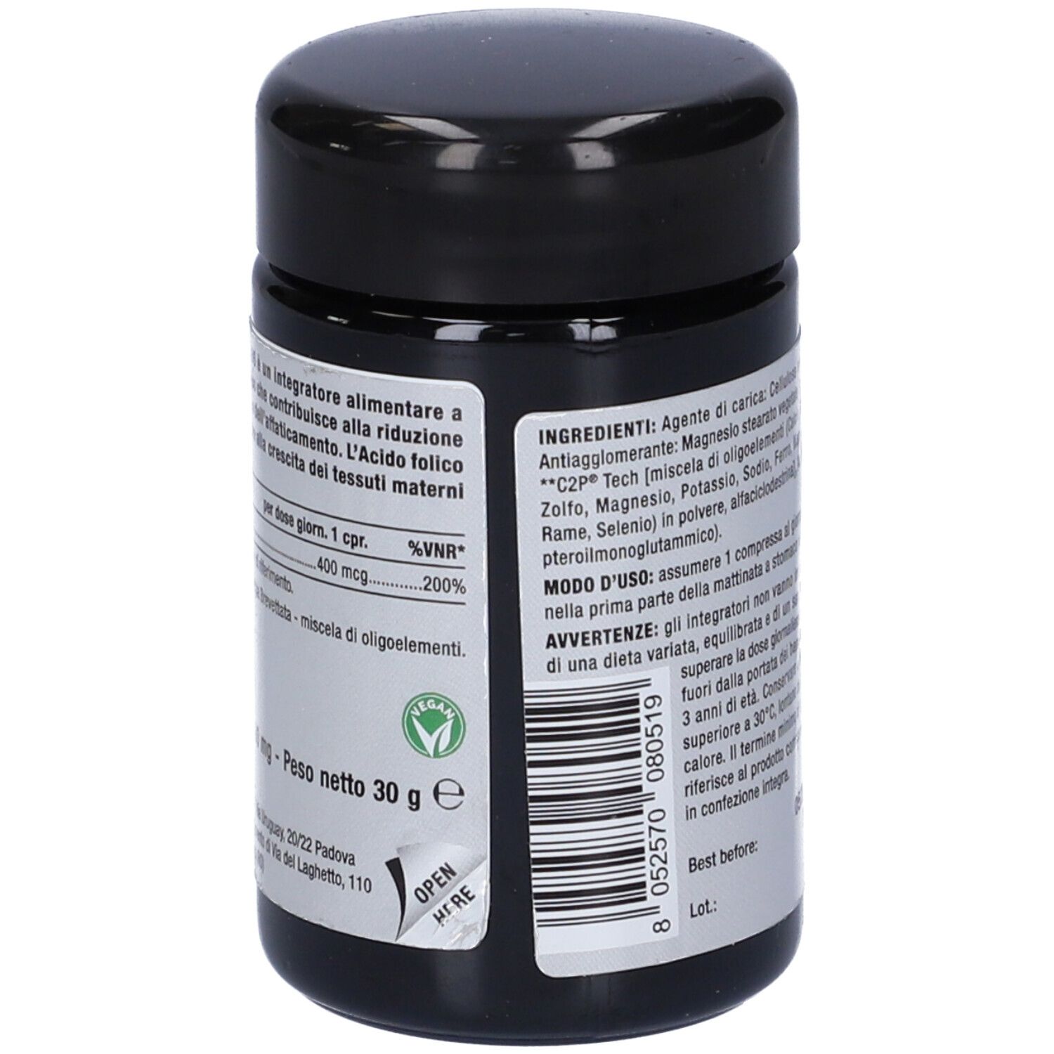 Schwarze Dose mit weißem Etikett. Aufschrift: Nutriva Folix 400. Inhaltsstoffe und Gebrauchsanweisung.